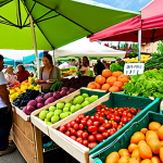**Image Prompt for Health and Nutrition**: "A vibrant farmer's market showcasing a variety of organic fruits and vegetables. The scene should highlight fresh produce, with people enjoying healthy meals, and a focus on colorful organic foods that symbolize health and nutrition, under a sunny sky."