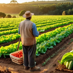 **

A vibrant organic farm in Portugal. Lush rows of diverse crops, with a farmer inspecting produce. Focus on sustainable farming practices, showcasing healthy soil and happy insects. Include a "Certified Organic" label prominently displayed on a basket of freshly harvested vegetables. Golden hour lighting.

**