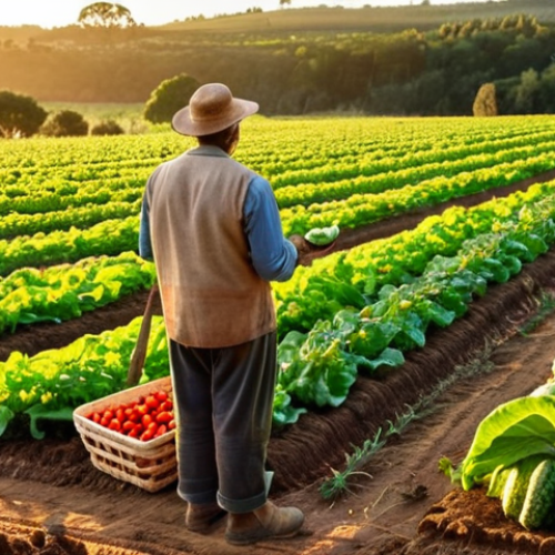 Home 8 **
A vibrant organic farm in Portugal. Lush rows of diverse crops, with a farmer inspecting produce. Focus on sustainable farming practices, showcasing healthy soil and happy insects. Include a "Certified Organic" label prominently displayed on a basket of freshly harvested vegetables. Golden hour lighting.
**