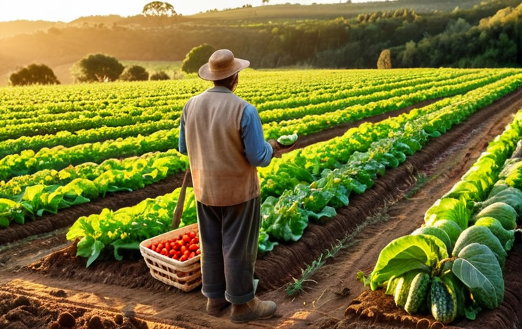 **
A vibrant organic farm in Portugal. Lush rows of diverse crops, with a farmer inspecting produce. Focus on sustainable farming practices, showcasing healthy soil and happy insects. Include a "Certified Organic" label prominently displayed on a basket of freshly harvested vegetables. Golden hour lighting.
**