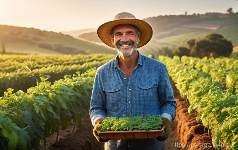 유기농업관리사 시험과 유기농법 실습 연계 - **Prompt:** A vibrant and serene organic farm in the heart of the Portuguese countryside during gold...