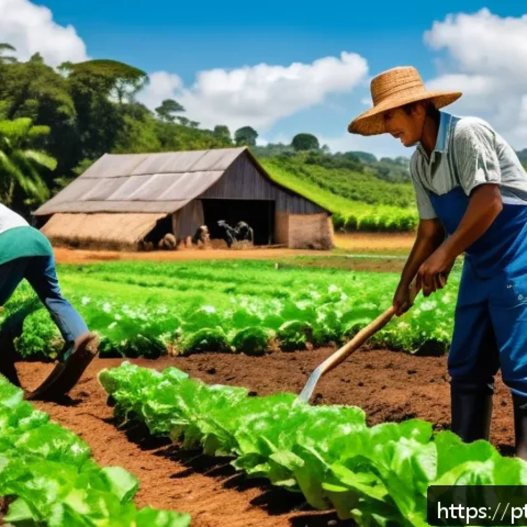 유기농업관리사 취업 가능한 기업 - A vibrant scene of a cooperative organic farm in Brazil, showcasing a diverse group of small-scale f...