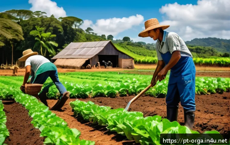 유기농업관리사 취업 가능한 기업 - A vibrant scene of a cooperative organic farm in Brazil, showcasing a diverse group of small-scale f...