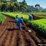 유기농업관리사 자격증 필기시험 분석 - A detailed and vibrant organic farm scene in Brazil featuring diverse crops in rotation, compost hea...