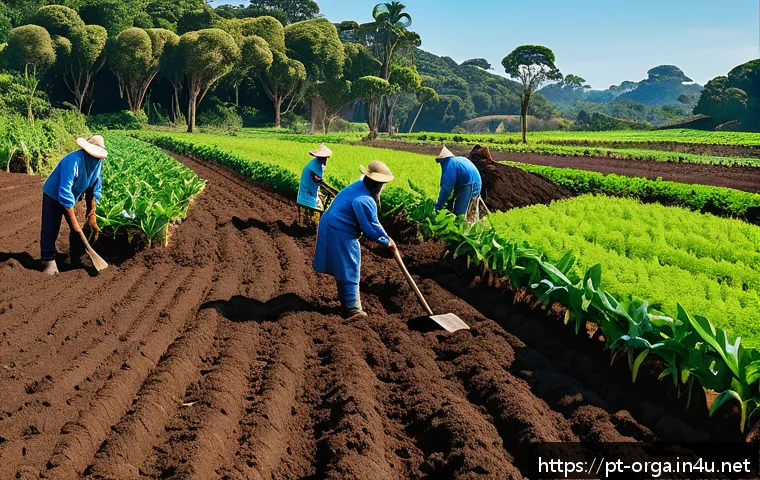 유기농업관리사 자격증 필기시험 분석 - A detailed and vibrant organic farm scene in Brazil featuring diverse crops in rotation, compost hea...