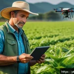 유기농업관리사와 유기농 농업 트렌드 - A modern Brazilian organic farm scene showcasing a middle-aged male agricultural manager wearing pra...