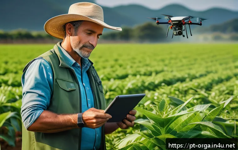 유기농업관리사와 유기농 농업 트렌드 - A modern Brazilian organic farm scene showcasing a middle-aged male agricultural manager wearing pra...