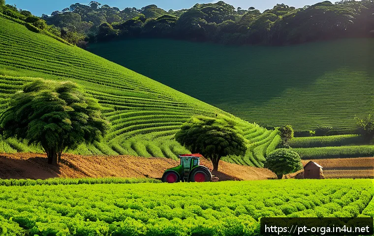 유기농업관리사와 지속 가능한 농업 - A vibrant organic farm scene in Brazil featuring diverse crop rotation fields with lush green plants...
