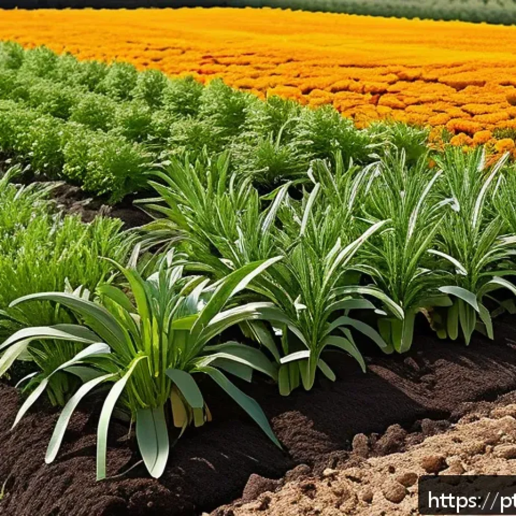 유기농업관리사 업무 중 발생한 문제 해결 - A vibrant organic garden scene featuring rows of diverse vegetable crops interplanted with marigold ...