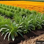 유기농업관리사 업무 중 발생한 문제 해결 - A vibrant organic garden scene featuring rows of diverse vegetable crops interplanted with marigold ...