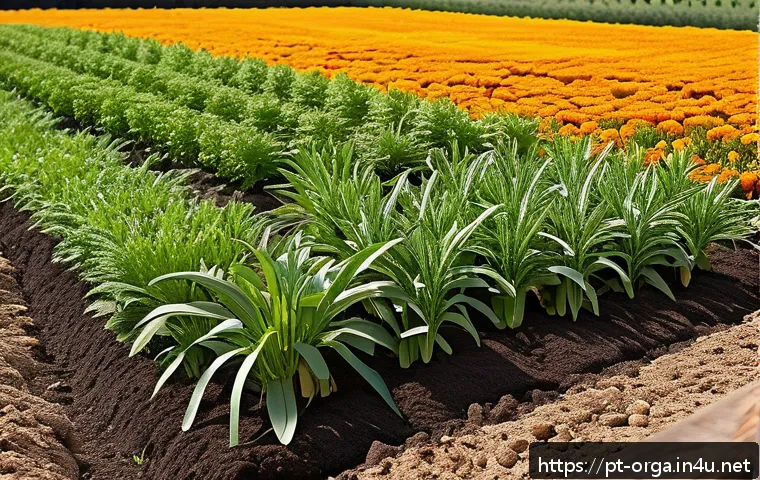 유기농업관리사 업무 중 발생한 문제 해결 - A vibrant organic garden scene featuring rows of diverse vegetable crops interplanted with marigold ...