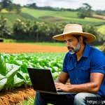 유기농업관리사 업무 스트레스 관리 - A detailed scene of an organic farm manager in Brazil, thoughtfully reviewing agricultural regulatio...