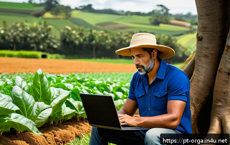 유기농업관리사 업무 스트레스 관리 - A detailed scene of an organic farm manager in Brazil, thoughtfully reviewing agricultural regulatio...