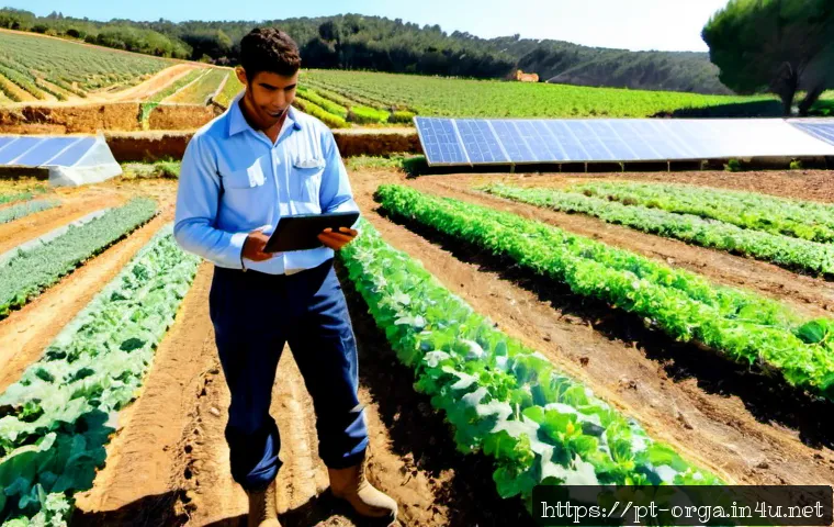 Home 17 유기농업관리사 자격증과 농업 스타트업 - Photorealistic organic farming entrepreneur in rural Portugal, a confident young adult wearing pract...
