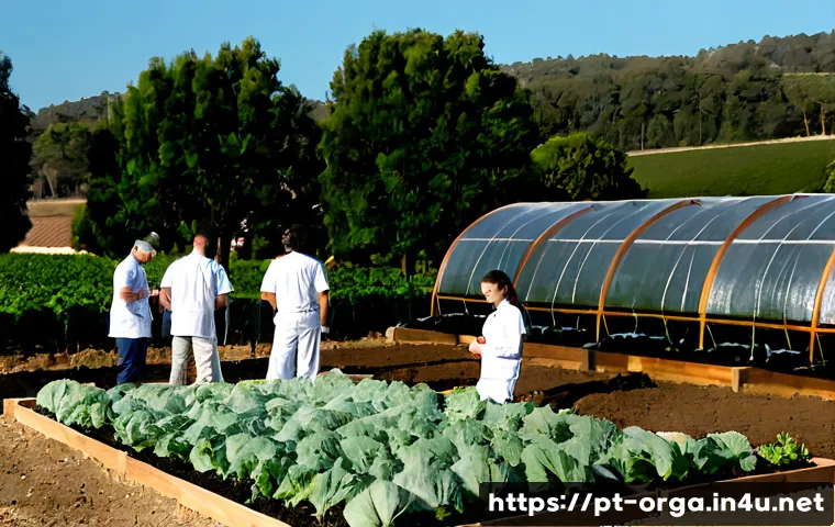 유기농업관리사 실무 교육기관 추천 - Photorealistic practical organic farming training at a Portuguese agricultural learning center, dive...